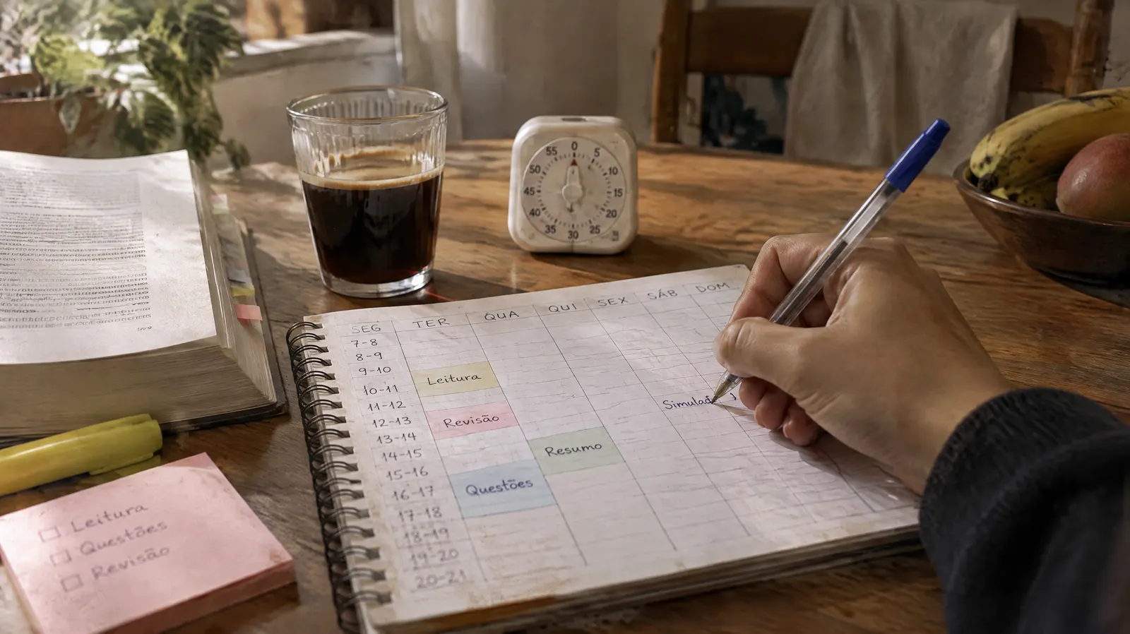 Mão preenche o cronograma da semana num caderno