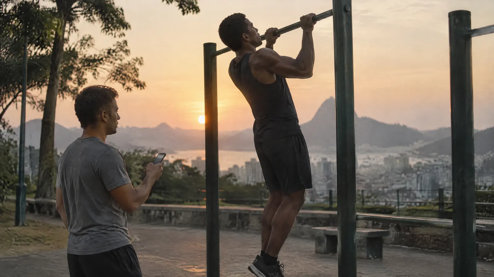 Candidato faz barra fixa numa praça ao nascer do sol