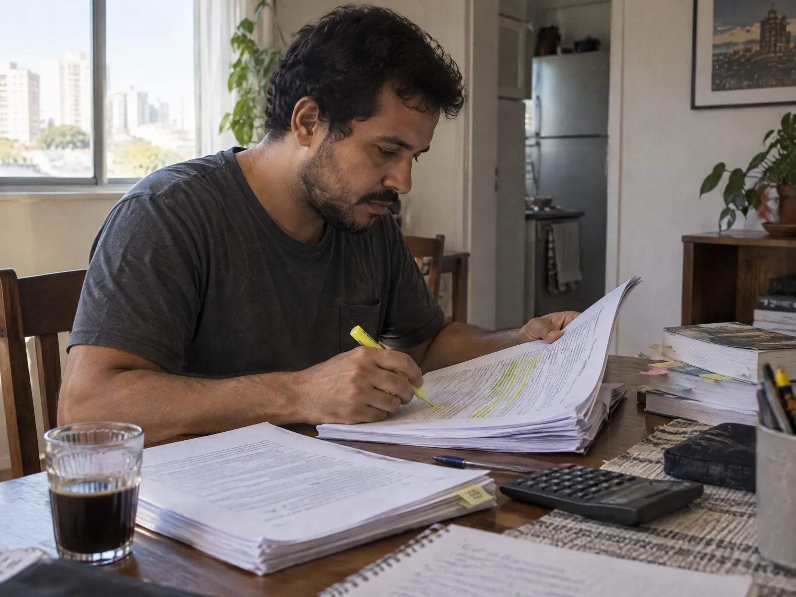 Candidato lê o edital impresso e marca um trecho com marca-texto
