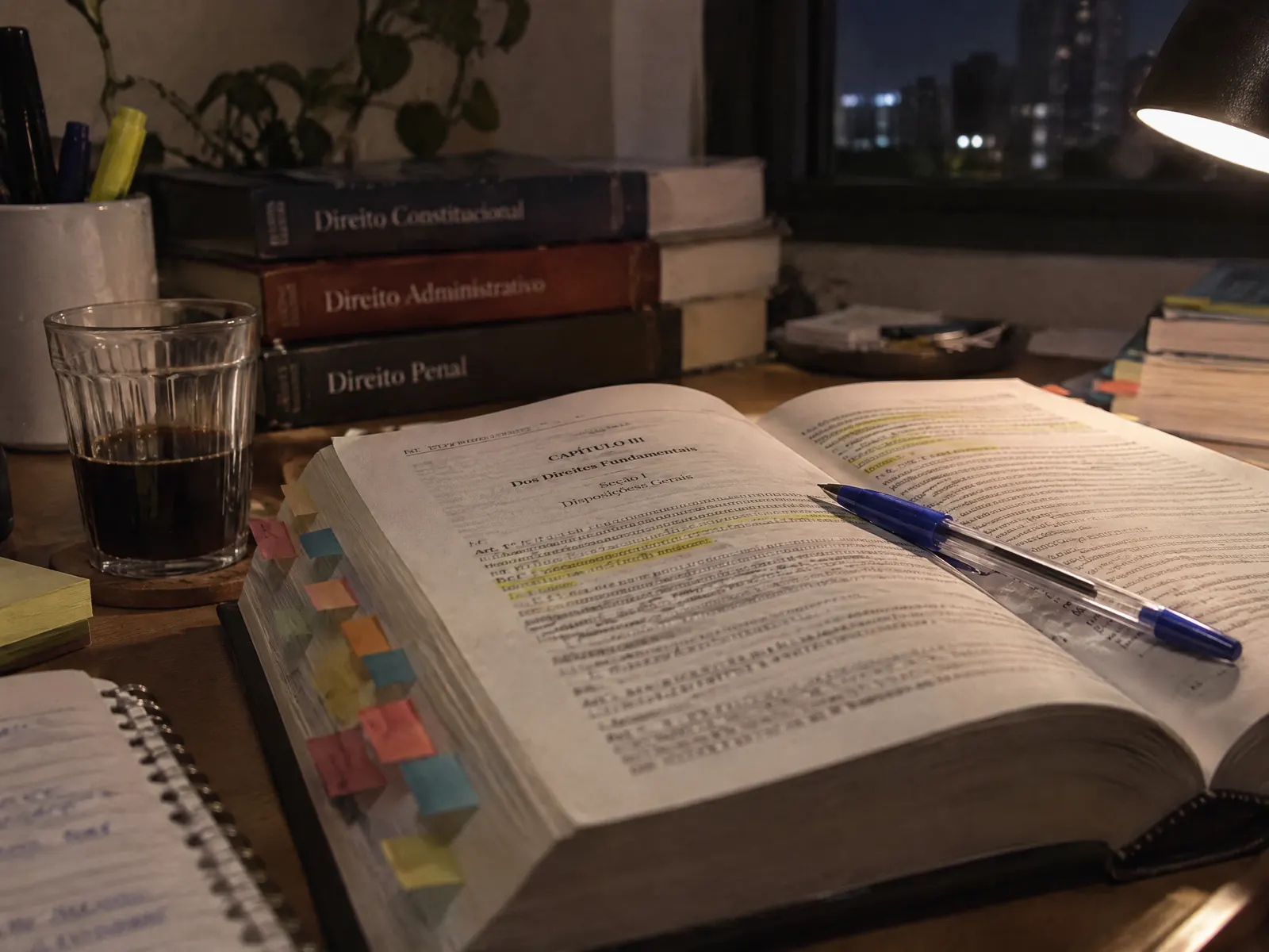 Vade mecum aberto com dezenas de marcadores coloridos e trechos grifados