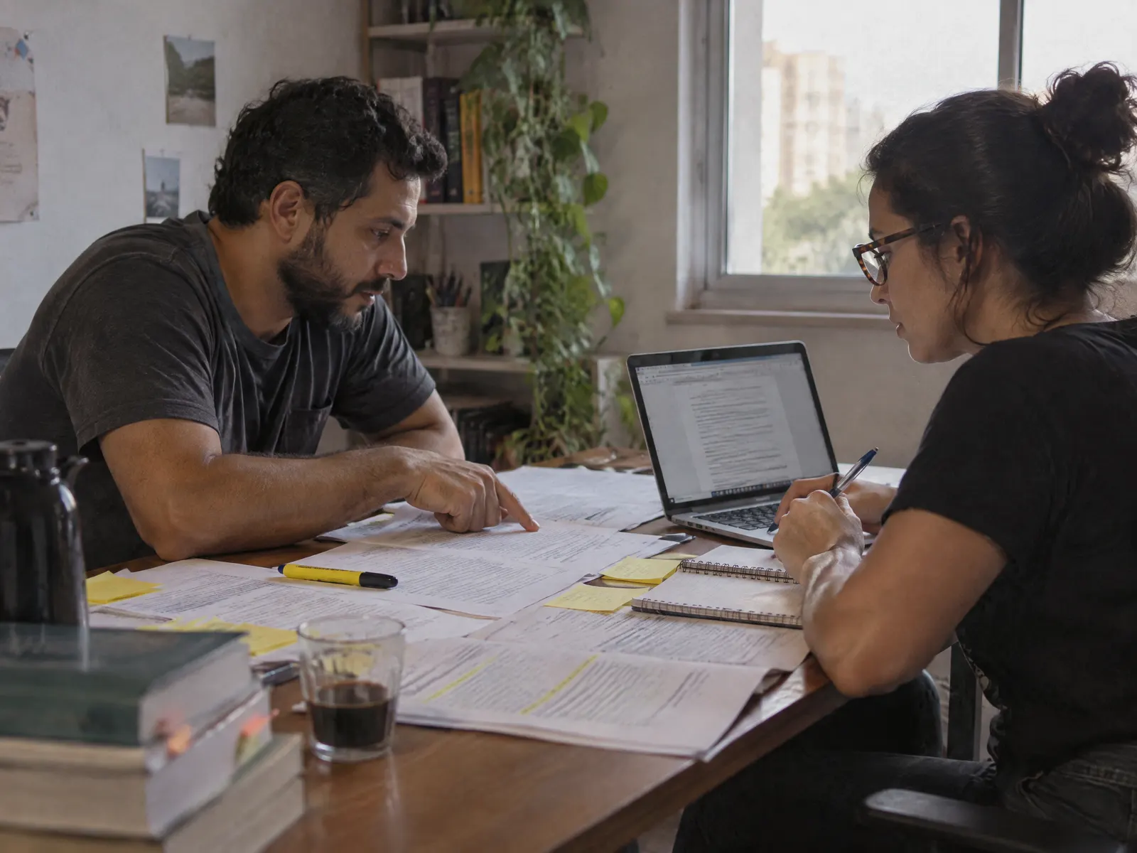 Duas pessoas revisam provas impressas e anotam num notebook